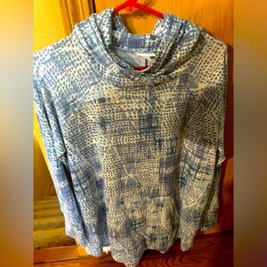 Light blue and cream print, long sleeve hooded sweatshirt